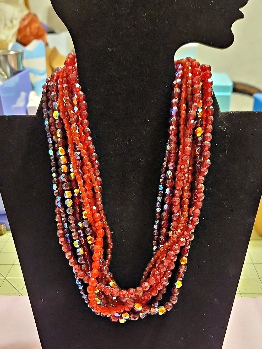 Multi-Strand Beaded Necklace in Red & Aurora Borealis